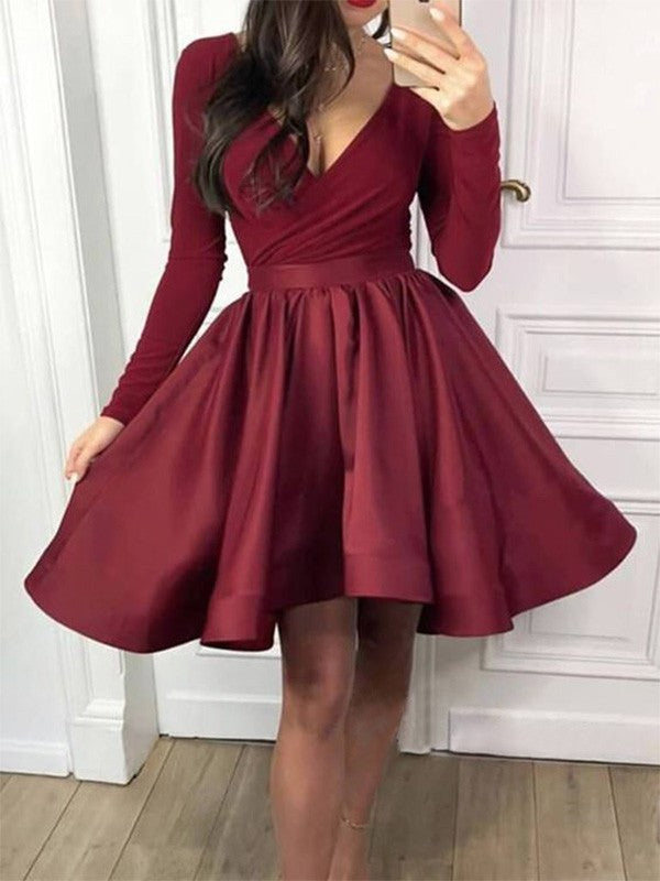 Wholesale A-Line/Princess Ruffles Long Sleeves V-neck Satin Short/Mini Homecoming Dresses